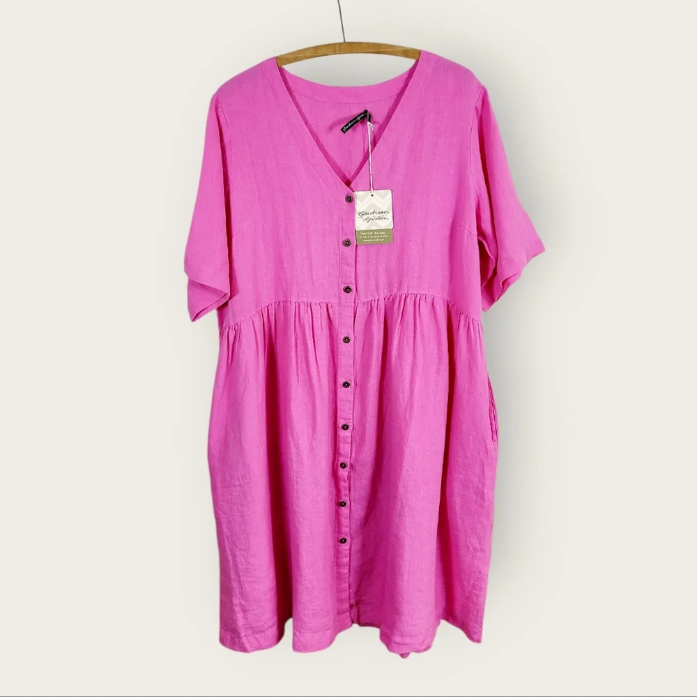 NWT GUDRUN SJODEN Magenta Pink Swedish Linen Button Front Midi Dress Large NEW - Picture 13 of 13